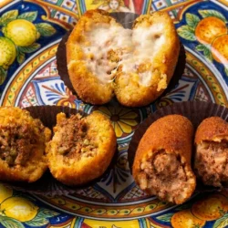 Arancine siciliane gusti assortiti Pasticceria Vabres: al burro, al ragù e alla carne su piatto in ceramica siciliana