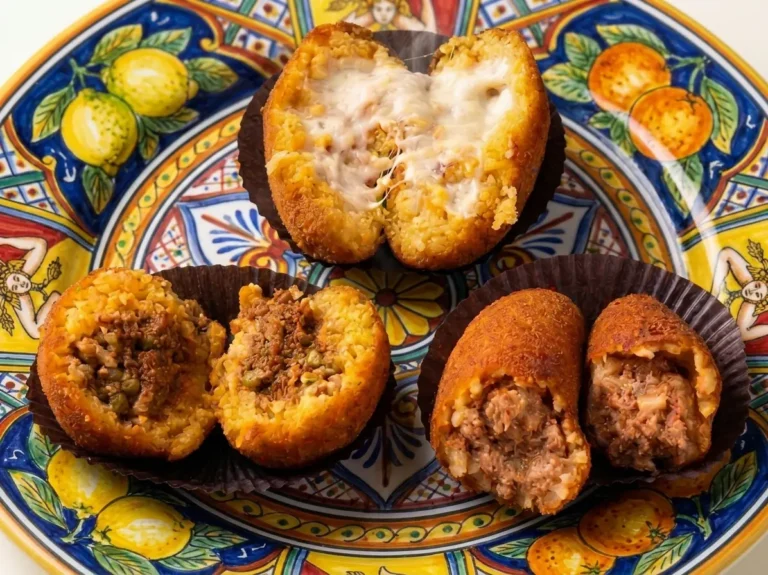 Arancine siciliane gusti assortiti Pasticceria Vabres: al burro, al ragù e alla carne su piatto in ceramica siciliana